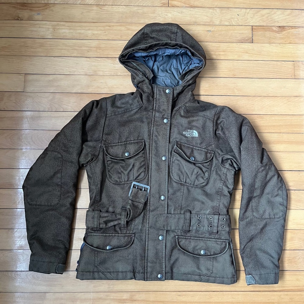The North Face Womens Brown Herringbone Belted Hooded Field Jacket Size Small